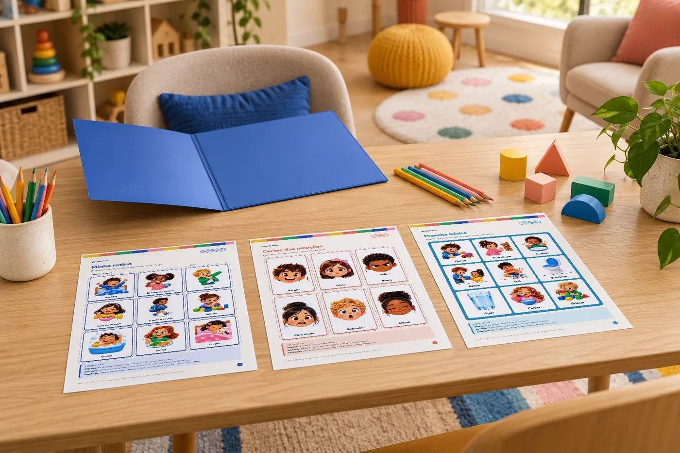 Páginas do kit impressas sobre a mesa do consultório: rotina visual, cartas das emoções e prancha de comunicação