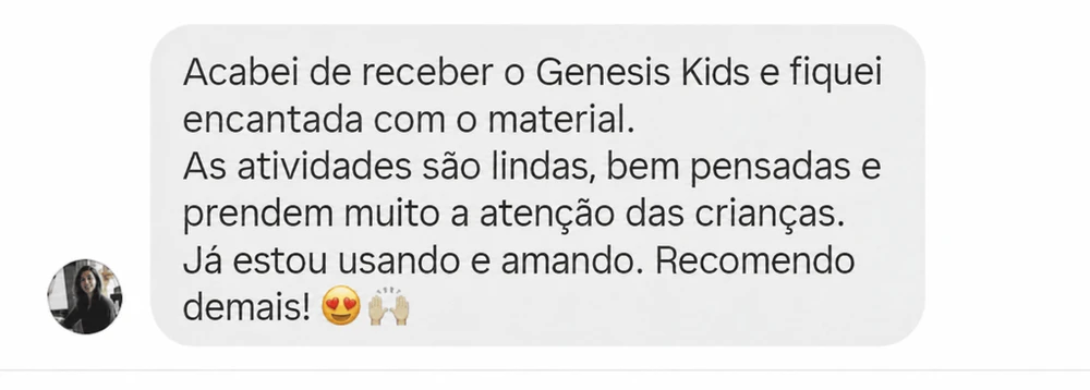 Print do depoimento 1 sobre os materiais da Genesis Kids