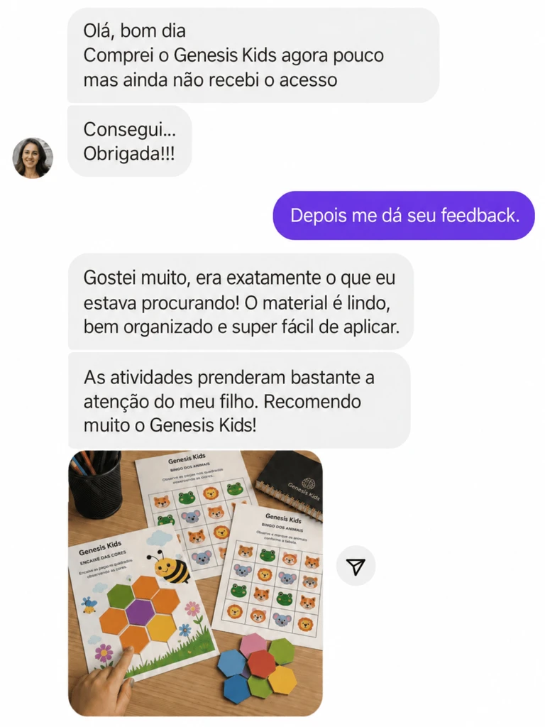 Print do depoimento 4 sobre os materiais da Genesis Kids